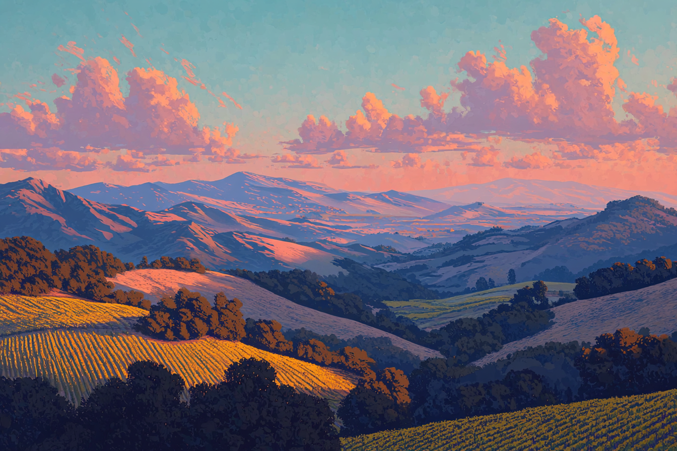Scenic vineyard hills and mountains at sunset